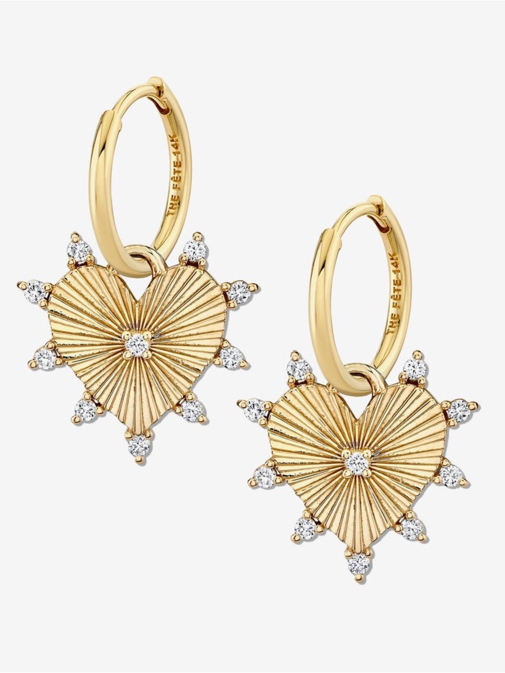 14K Gold Heart Sunburst Hoop Earrings with Diamond Accents